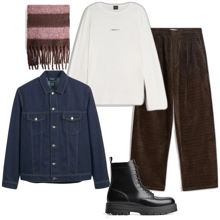 Outfit hombre - Trendy #7314. Estilo Trendy para Todos los días. Combinación con chaquetas, botas y botines, pantalones, camiseta, bufandas.