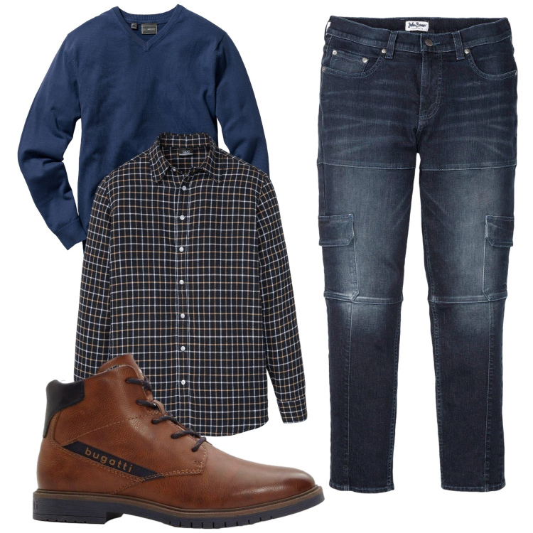 Outfit uomo - Total look #2304384. Stile Trendy per Tutti i giorni. Abbinamento con maglieria, jeans slim fit, camicie, anfibi.