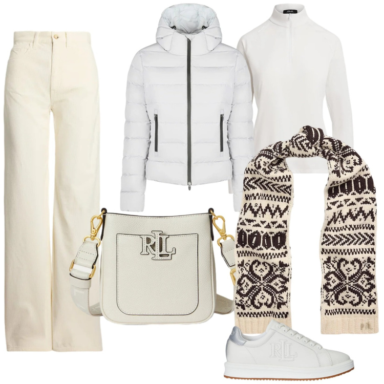 Outfit donna - Bianco o Quasi. Stile Casual chic per Tutti i giorni. Abbinamento con sciarpe, sneakers, pantaloni, pullovers, borse a tracolla, piumini.