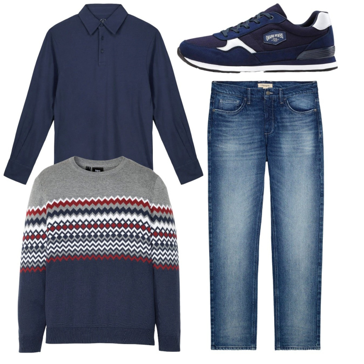 Outfit uomo - Total casual. Stile Casual per Tutti i giorni. Abbinamento con maglieria, sneakers, jeans dritti, polo.