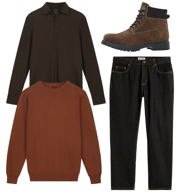 Outfit uomo - Total tabacco. Stile Casual per Tutti i giorni. Abbinamento con jeans dritti, stivali e stivaletti, maglieria, polo.