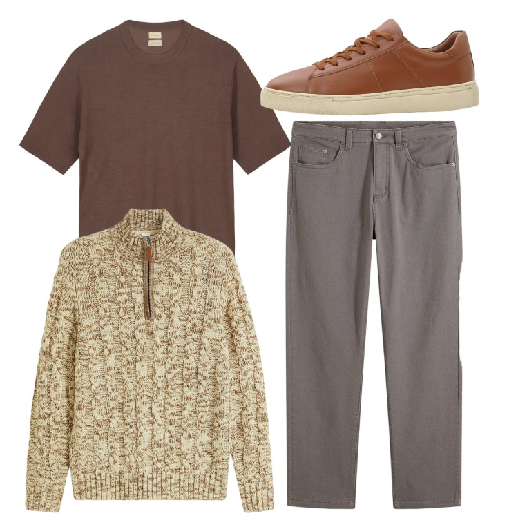 Outfit uomo - Total melange. Stile Casual per Tutti i giorni. Abbinamento con maglieria, sneakers, pantaloni, t-shirt.