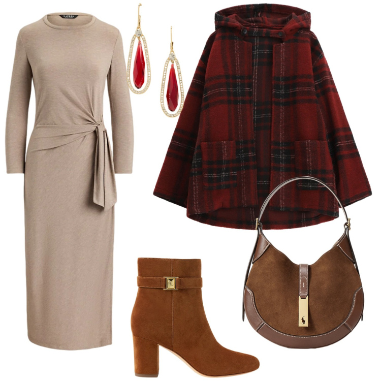 Outfit donna - Abito con cintura. Stile Bon Ton per Tutti i giorni. Abbinamento con caban, borse a spalla, stivaletti, vestiti, orecchini.