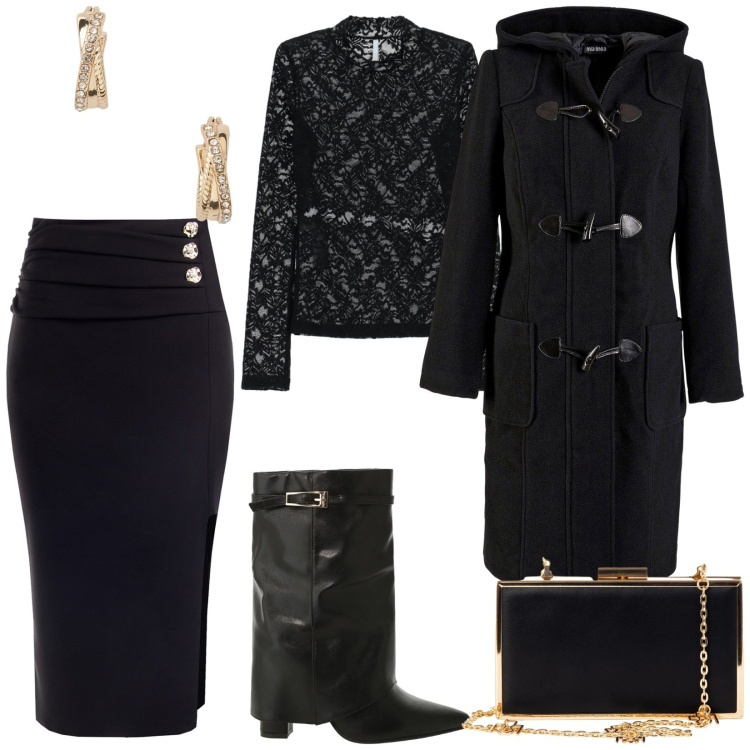 Outfit donna - Nero e dorato Curvy. Stile Bon Ton per Serata fuori. Abbinamento con montgomery, pochette, gonne, stivali, bluse, orecchini.