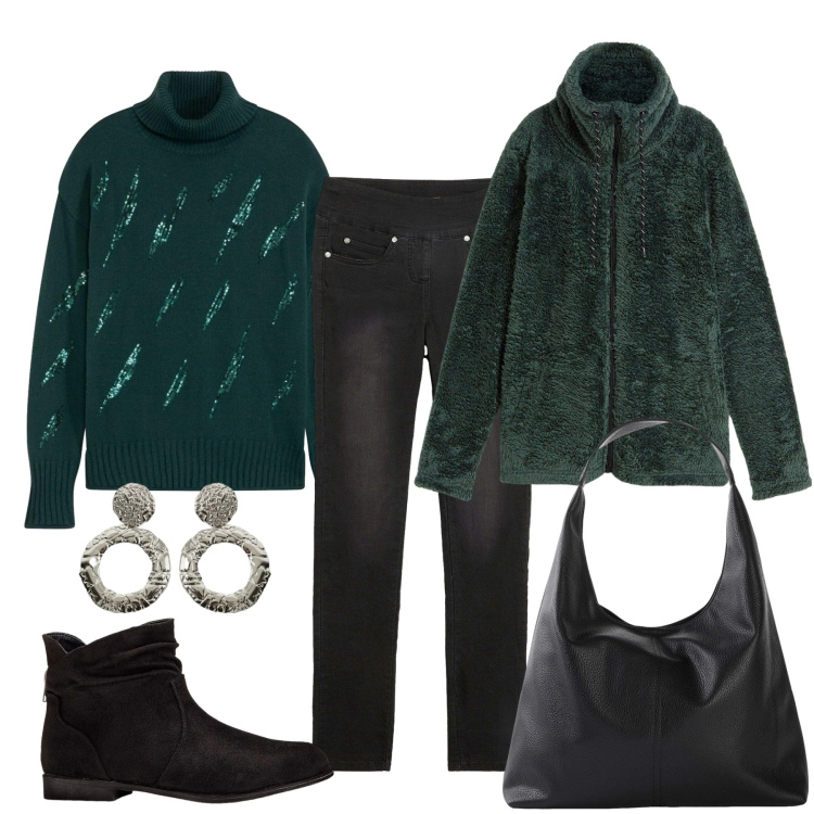 Outfit donna - Al caldo con stile. Stile Basic per Tutti i giorni. Abbinamento con stivaletti, blazer, shopping bag, jeans dritti, maglieria, orecchini.