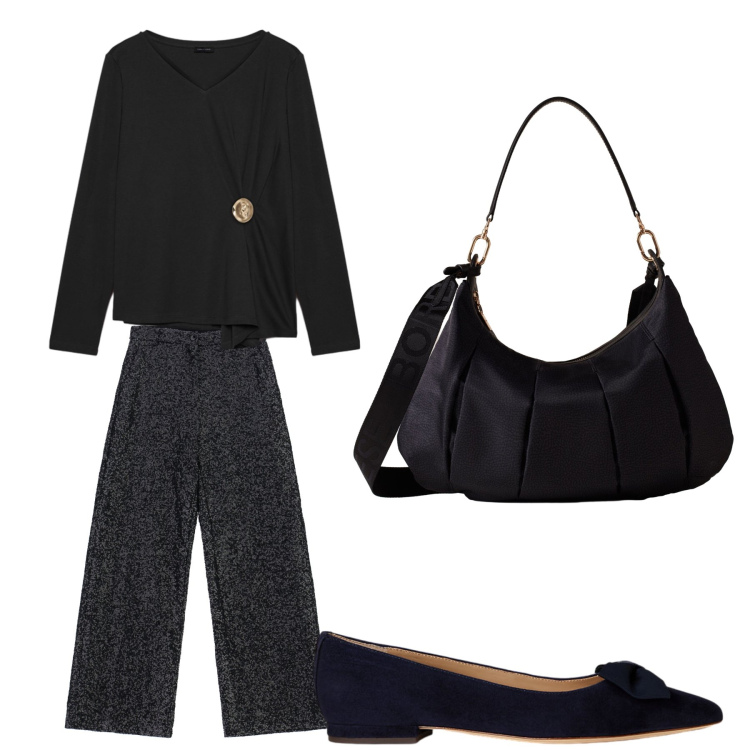 Outfit donna - Aperitivo. Stile Trendy per Tutti i giorni. Abbinamento con pantaloni a palazzo, borse a spalla, ballerine, t-shirt.