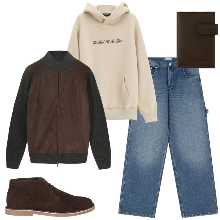 Outfit uomo - Serata cinema. Stile Casual per Serata speciale. Abbinamento con jeans, felpe con cappuccio, portafogli, stivali e stivaletti, giacche.