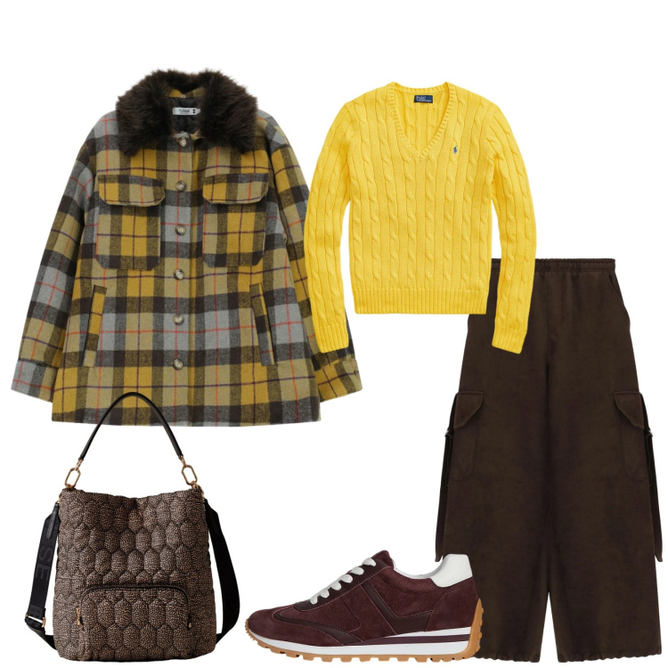 Outfit donna - Total look #2304427. Stile Casual chic per Tutti i giorni. Abbinamento con cappotti, pantaloni a palazzo, borse a secchiello, sneakers, maglieria.