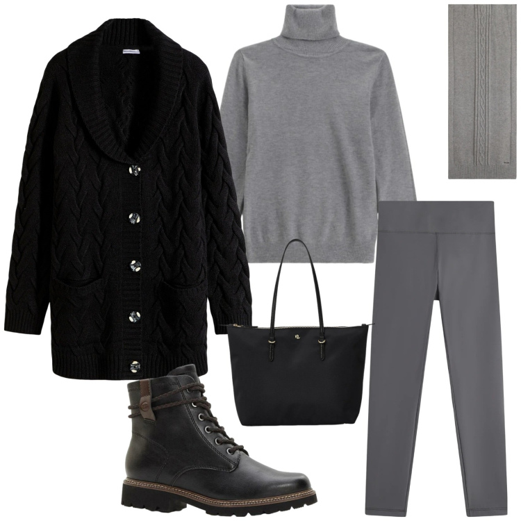 Outfit donna - Total look #2304432. Stile Casual per Tutti i giorni. Abbinamento con cardigans, stivaletti, maglieria, leggings, sciarpe, borse tote.