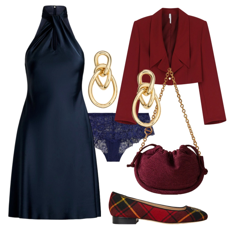 Outfit donna - Capodanno chic. Stile Chic per Serata fuori. Abbinamento con blazer, borse a spalla, vestiti, ballerine, culotte, orecchini.