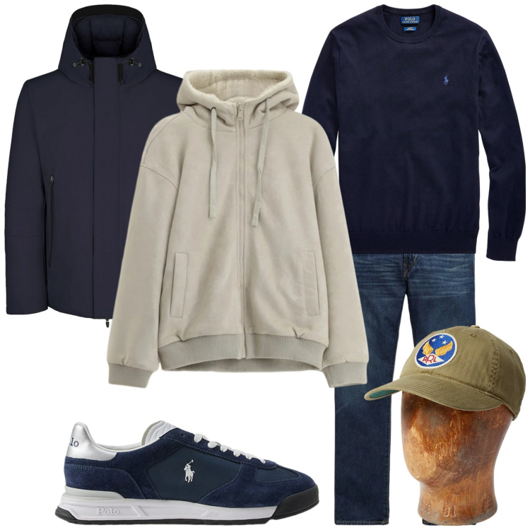 Outfit uomo - Total look #2304597. Stile Urban per Tutti i giorni. Abbinamento con bomber, maglieria, cappelli, sneakers, jeans dritti, giacche sportive.