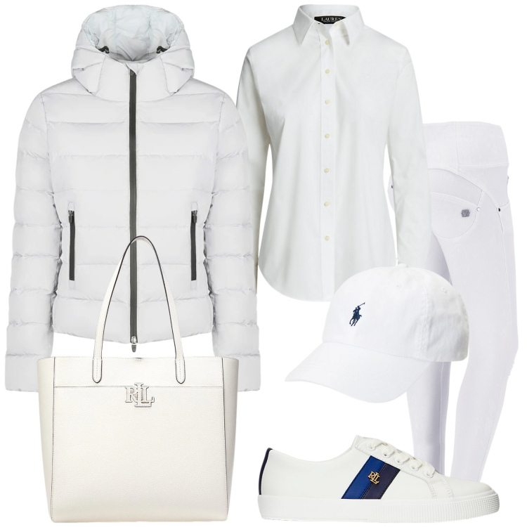 Outfit donna - Bianco neve. Stile Urban per Tutti i giorni. Abbinamento con pantaloni skinny, sneakers, camicie, borse tote, cappelli, piumini.