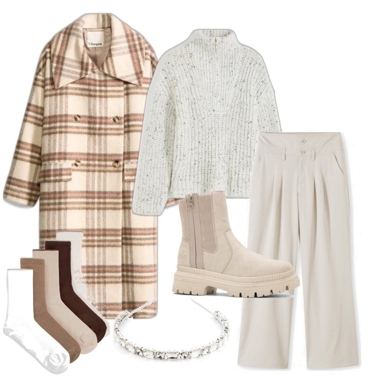 Outfit femme - Décembre. Style Tendance pour Tous les jours. Assortir avec serre-têtes, pantalon , pulls, manteaux, bottes, socquettes.