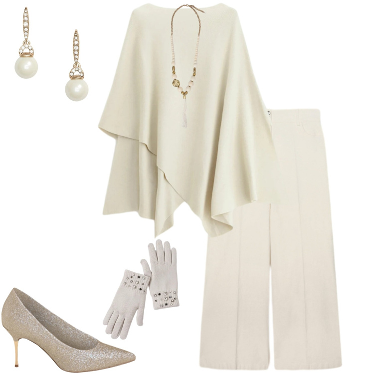 Outfit donna - Bianca come la neve. Stile Casual chic per Serata fuori. Abbinamento con maglieria, décolleté, guanti, orecchini, ciondoli, pantaloni a palazzo.