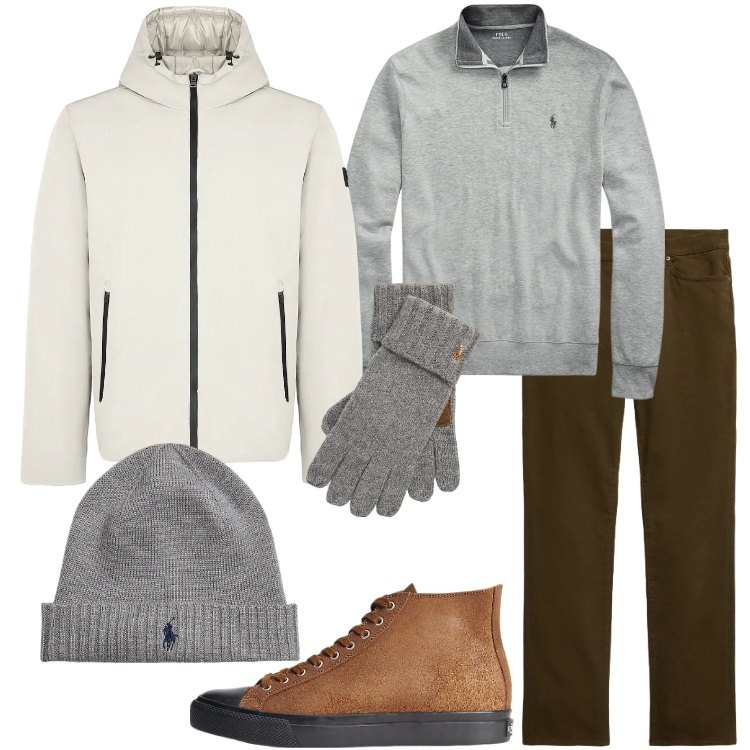 Outfit uomo - Look da montagna (anche in città). Stile Casual per Tutti i giorni. Abbinamento con sneakers, berretti, pullovers, guanti, pantaloni, parka.