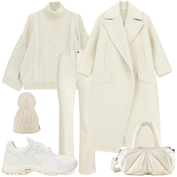 Outfit donna - Bianca come la neve. Stile Casual chic per Tutti i giorni. Abbinamento con cappotti, maglieria, sneakers, pantaloni, borse a mano, berretti.