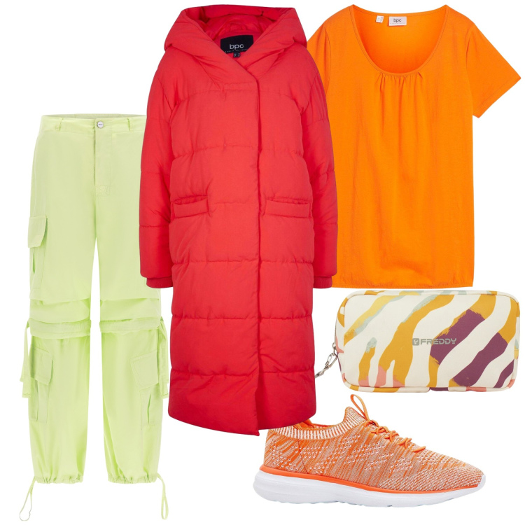 Outfit donna - Colorato Natale. Stile Casual per Tutti i giorni. Abbinamento con sneakers, t-shirt, piumini, pantaloni cargo, valigie.