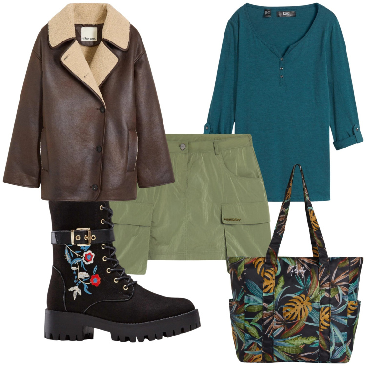 Outfit donna - Total look del lunedì. Stile Trendy per Tutti i giorni. Abbinamento con stivali, cardigans, blazer, minigonne, shopping bag.