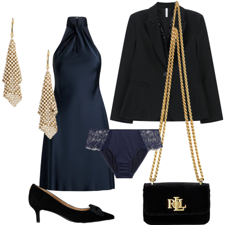 Outfit donna - In corto a teatro. Stile Bon Ton per Serata fuori. Abbinamento con blazer, vestiti, décolleté, pochette, culotte, orecchini.