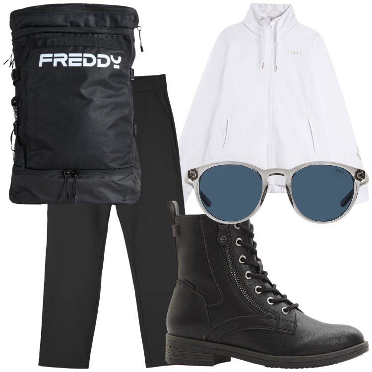 Outfit donna - Black e un po’ di white. Stile Casual per Tutti i giorni. Abbinamento con stivaletti, felpe, zaini, occhiali da sole, pantaloni chino.