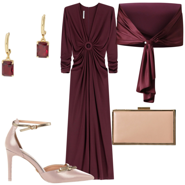 Outfit donna - Il pote4 del punto vita FDCI. Stile Chic per Serata fuori. Abbinamento con scialli, décolleté, pochette, vestiti lunghi, orecchini.