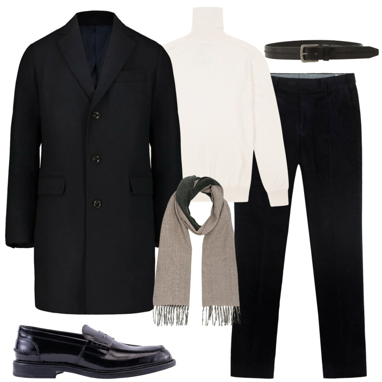 Outfit uomo - Serata a teatro. Stile Business/Elegante per Serata speciale. Abbinamento con cinture, sciarpe, maglieria, scarpe stringate, pantaloni, cappotti.