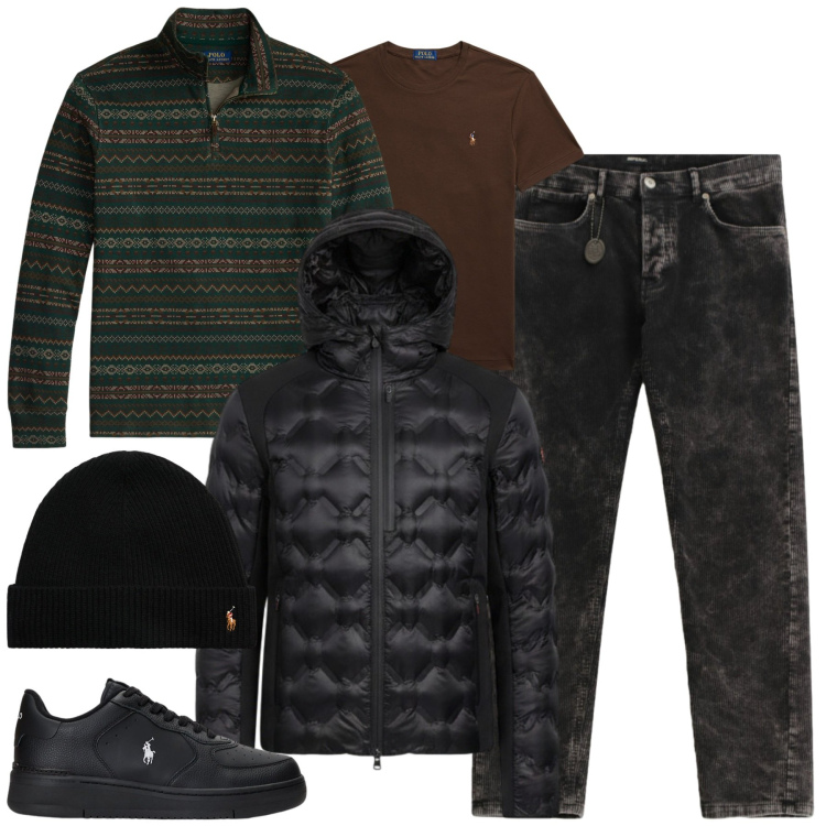 Outfit uomo - Total look #2304683. Stile Casual per Tutti i giorni. Abbinamento con pantaloni, sneakers, berretti, t-shirt, pullovers, piumini.