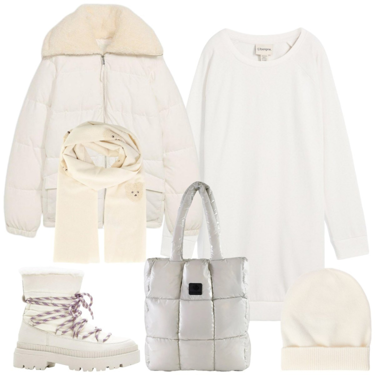 Outfit donna - Total look #2304686. Stile Casual per Tutti i giorni. Abbinamento con giacche, vestiti, stivali da neve, sciarpe, shopping bag, berretti.