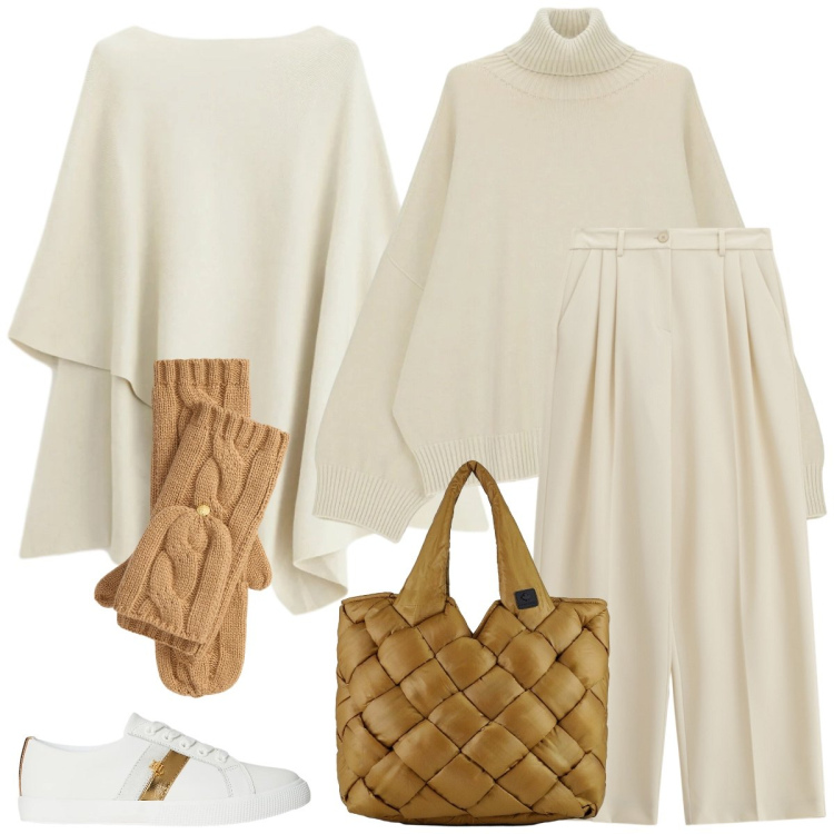 Outfit donna - Total look #2304688. Stile Casual per Tutti i giorni. Abbinamento con maglieria, pantaloni a palazzo, maglieria, sneakers, guanti, borse tote.