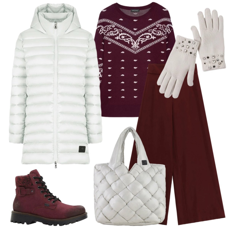 Outfit donna - Total look #2304691. Stile Casual per Scuola/Università. Abbinamento con stivaletti, pantaloni a palazzo, guanti, piumini, borse tote, maglieria.