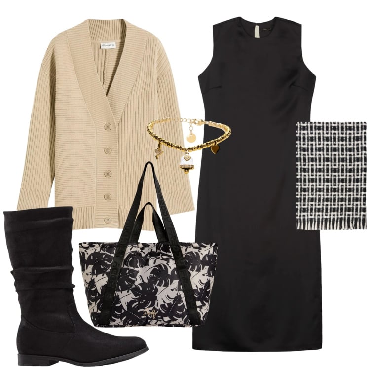 Outfit donna - Quotidiana eleganza. Stile Chic per Tutti i giorni. Abbinamento con cardigans, stivali, shopping bag, braccialetti, vestiti lunghi, sciarpe.