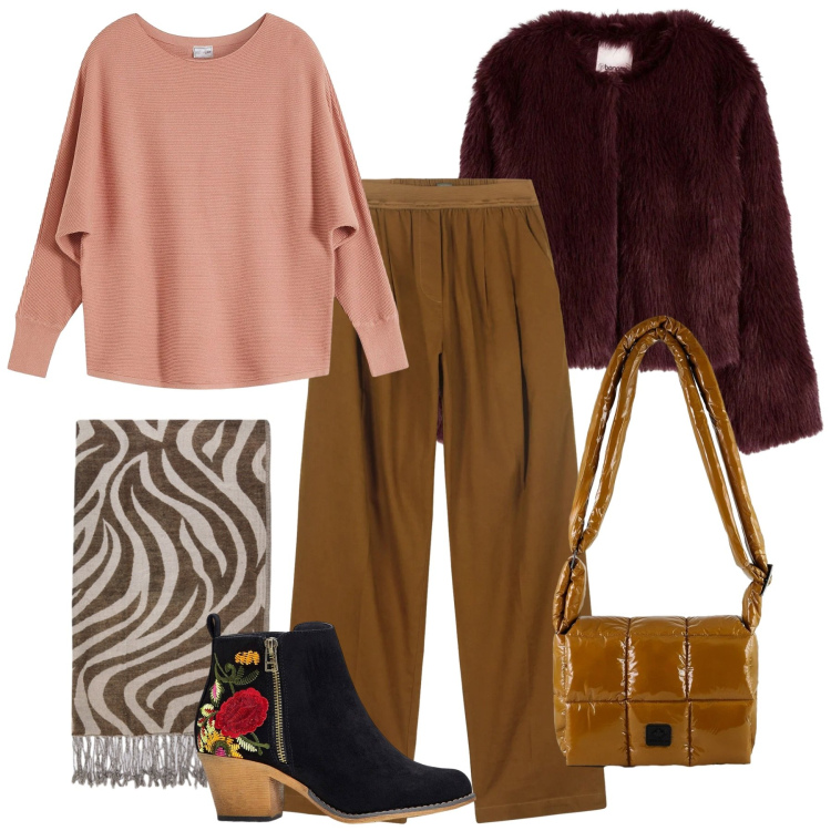 Outfit donna - Impronta boho. Stile Bon Ton per Tutti i giorni. Abbinamento con stivaletti, ecopellicce, maglieria, borse a spalla, pantaloni, foulard.