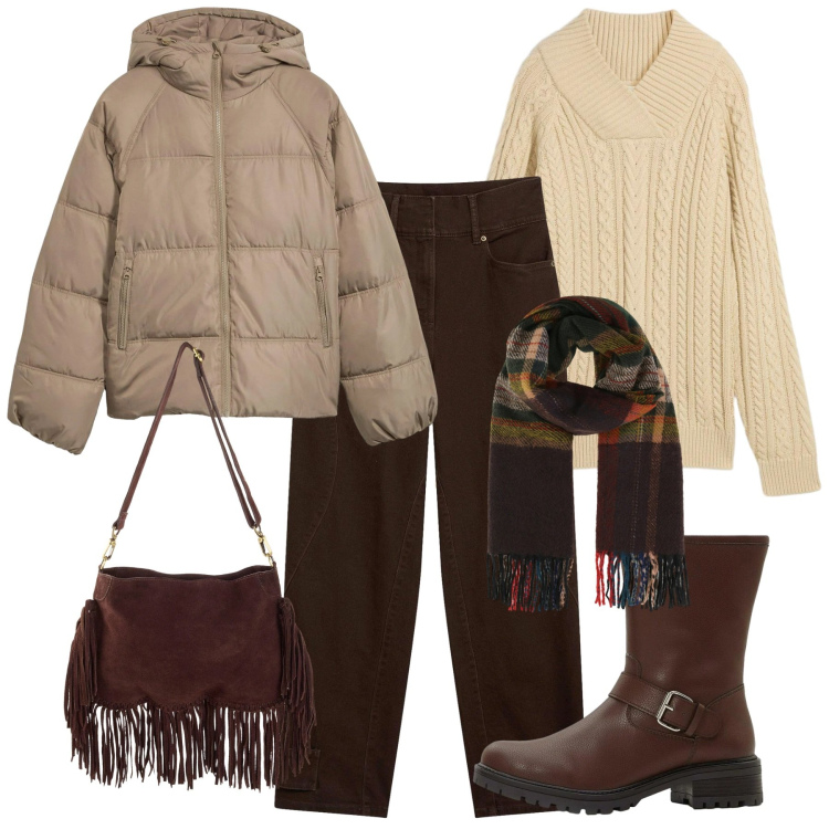 Outfit donna - Toni terra. Stile Casual per Tutti i giorni. Abbinamento con pantaloni, maglieria, giacche, borse a tracolla, stivali, sciarpe.