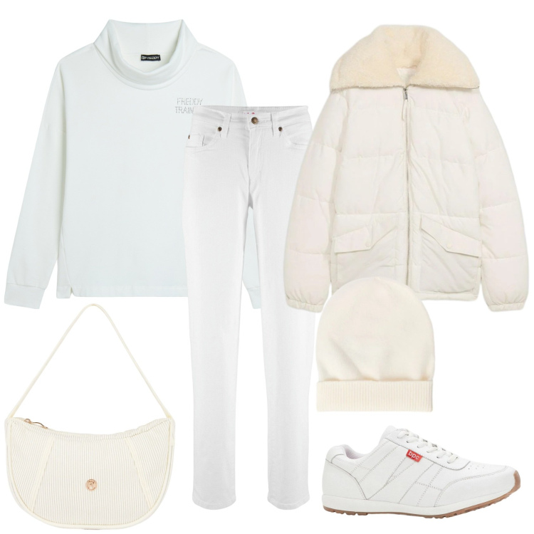 Outfit donna - Bianco e imbottito come l\'omino Michelin. Stile Casual per Tutti i giorni. Abbinamento con sneakers, jeans mom, giacche, felpe, borse a mano, berretti.