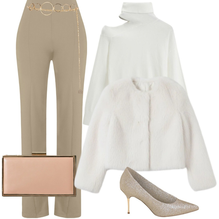 Outfit donna - Snow Winter outfit. Stile Glamour per Tutti i giorni. Abbinamento con cinture, pochette, décolleté, ecopellicce, maglieria, pantaloni skinny.