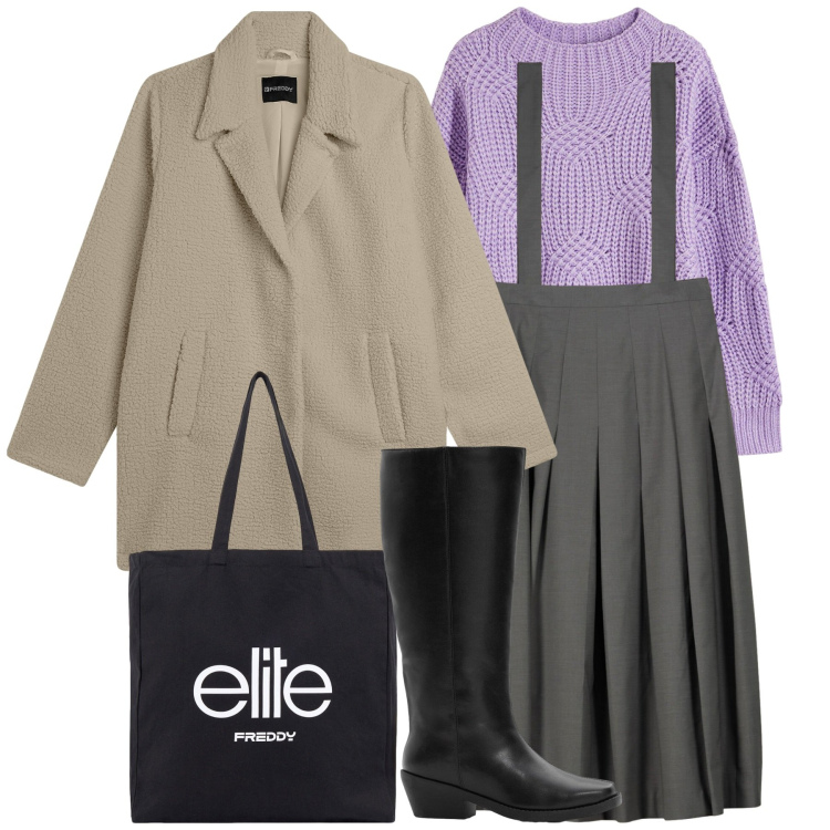 Outfit donna - Preppy in città. Stile Preppy per Tutti i giorni. Abbinamento con stivali, maglieria, cappotti, shopping bag, gonne lunghe.