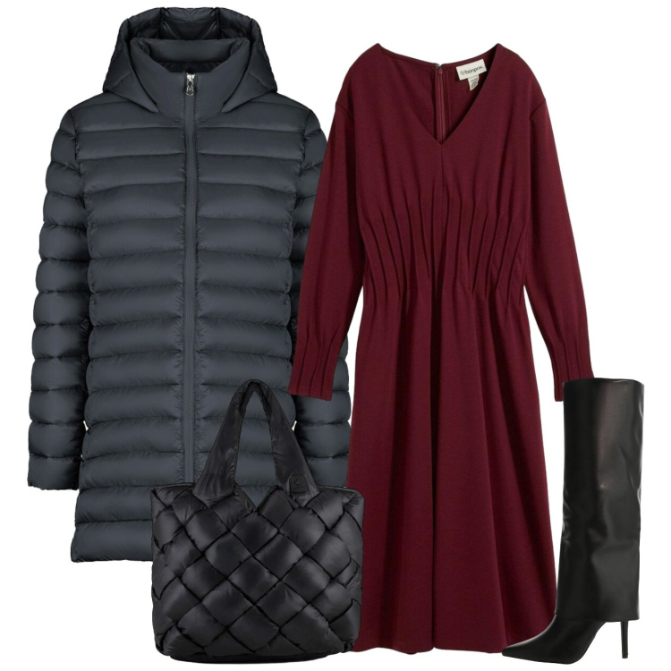 Outfit donna - Con rigore. Stile Bon Ton per Tutti i giorni. Abbinamento con vestiti, stivali, borse tote, piumini.