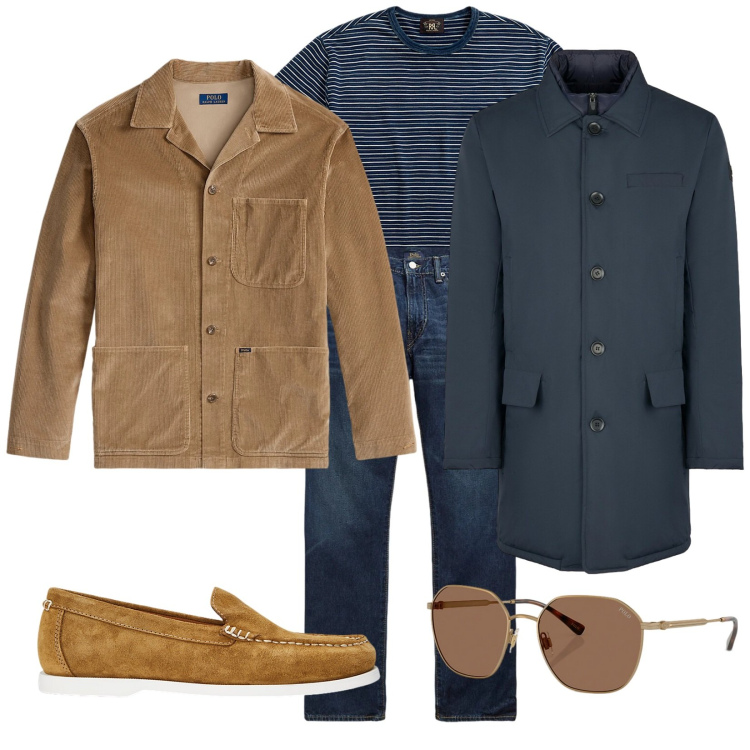 Outfit uomo - Domenica mattina. Stile Trendy per Tutti i giorni. Abbinamento con t-shirt, scarpe stringate, occhiali da sole, jeans dritti, giacche, cappotti.
