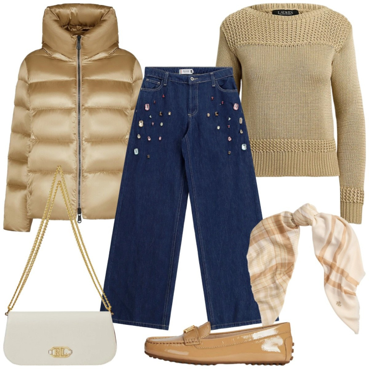 Outfit donna - Freddo dicembre. Stile Casual chic per Tutti i giorni. Abbinamento con jeans, maglieria, sciarpe, mocassini, borse a spalla, piumini.