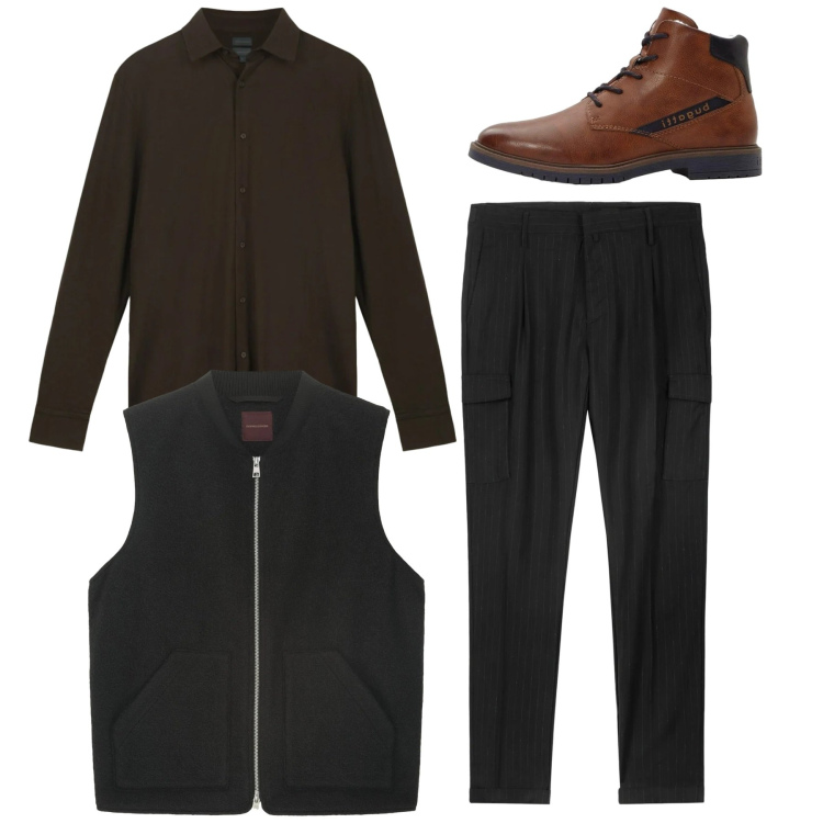 Outfit uomo - Total dark. Stile Casual per Tutti i giorni. Abbinamento con anfibi, pantaloni cargo, piumini, polo.