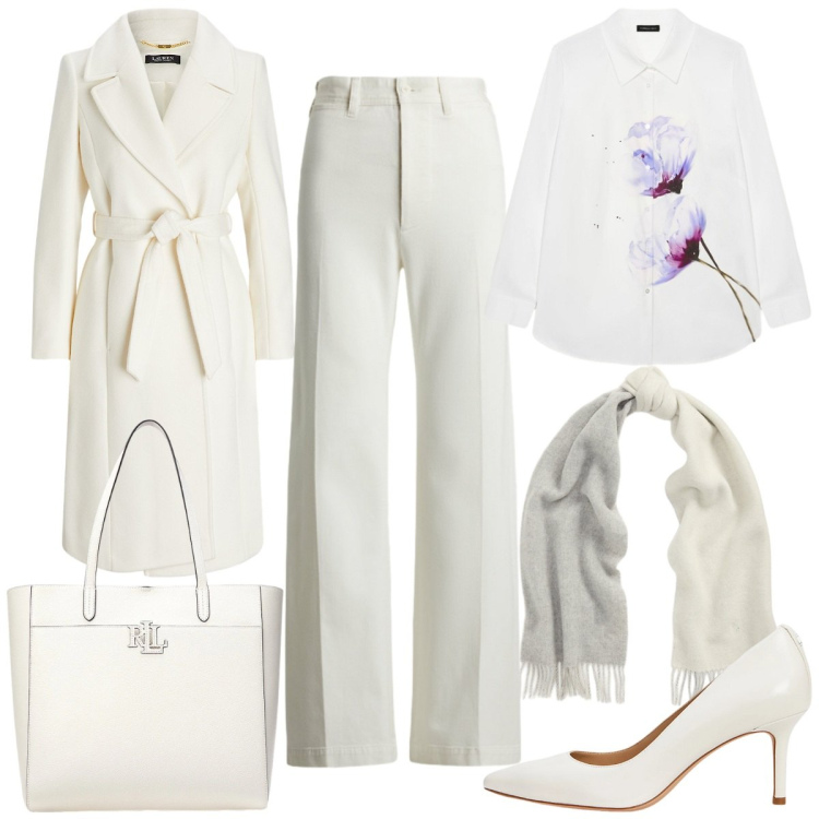 Outfit donna - Bianco magia del natale. Stile Glamour per Tutti i giorni. Abbinamento con borse tote, décolleté, sciarpe, cappotti, pantaloni, camicie.