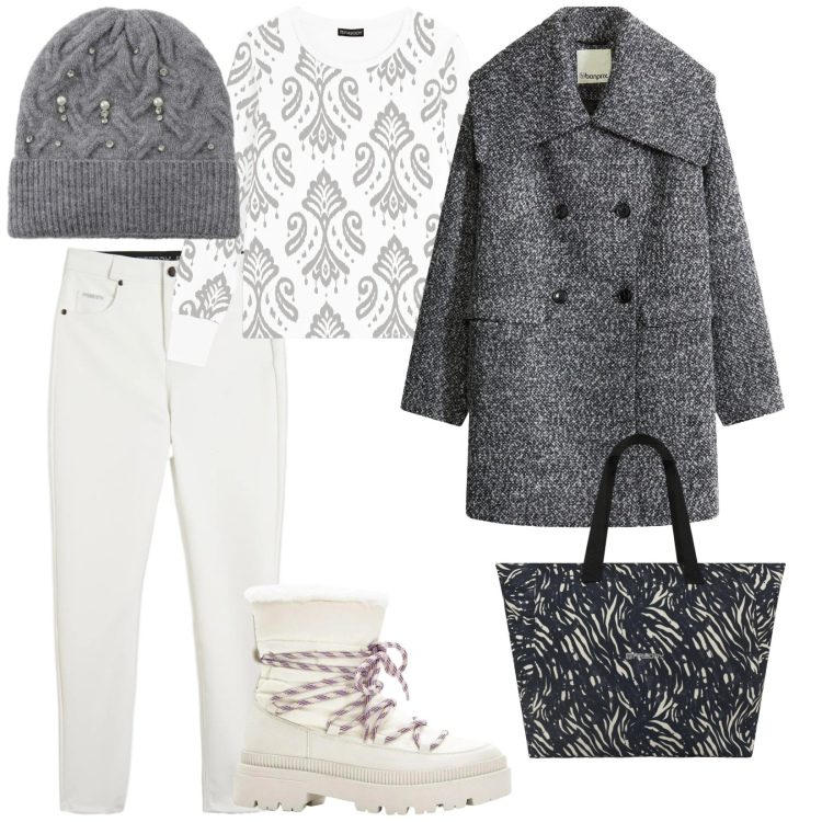 Outfit donna - Inverno. per Tutti i giorni. Abbinamento con cappotti, stivali da neve, berretti, pantaloni skinny, felpe, shopping bag.