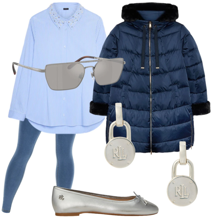 Outfit donna - Sofisticata e moderna. Stile Casual chic per Tutti i giorni. Abbinamento con jeggings, orecchini, ballerine, occhiali da sole, camicie, piumini.