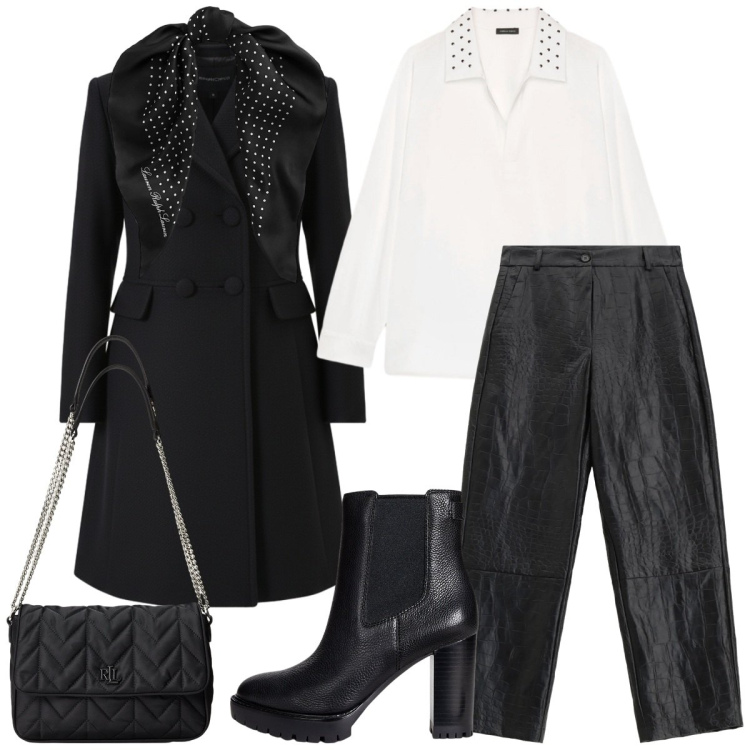 Outfit donna - Dettagli. Stile Trendy per Tutti i giorni. Abbinamento con pantaloni, cappotti, foulard, stivaletti chelsea, borse a tracolla, camicie.