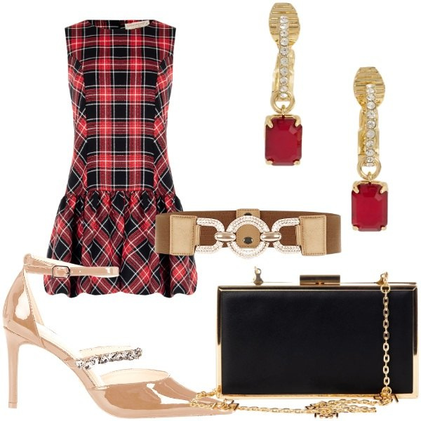 Outfit donna - A Natale puoi. Stile Glamour per Serata fuori. Abbinamento con pochette, cinture, décolleté, vestiti senza maniche, orecchini.
