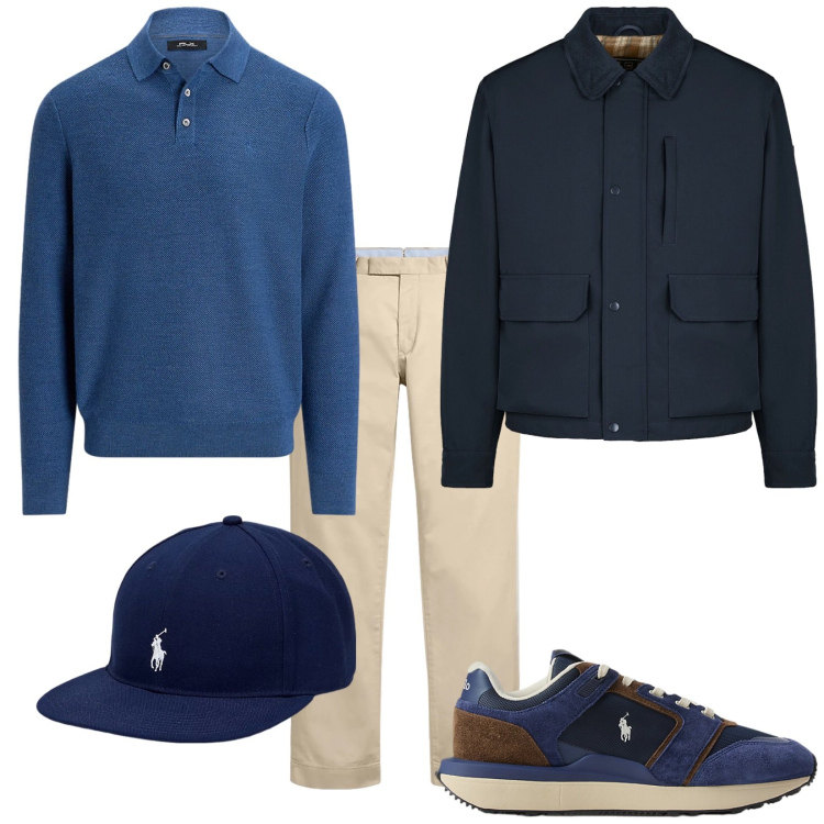 Outfit uomo - Blu pe me. Stile Trendy per Tutti i giorni. Abbinamento con pantaloni chino, cappelli, maglieria, sneakers, piumini.