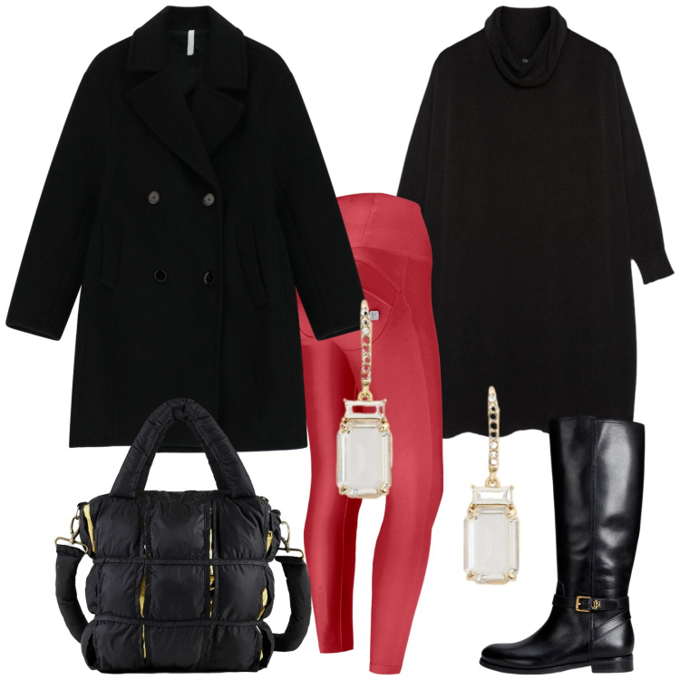 Outfit donna - Trendy di fine anno. Stile Trendy per Tutti i giorni. Abbinamento con cappotti, pantaloni skinny, stivali, orecchini, borse a mano, maglieria.