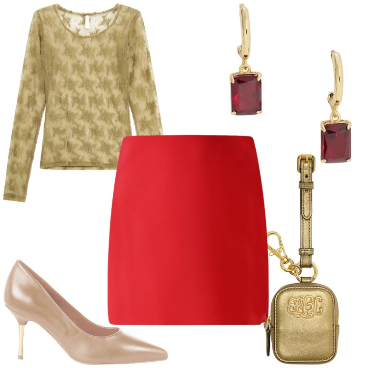 Outfit donna - Festive Harmony: rosso e oro. Stile Trendy per Tutti i giorni. Abbinamento con décolleté, gonne, maglieria, orecchini, pochette.