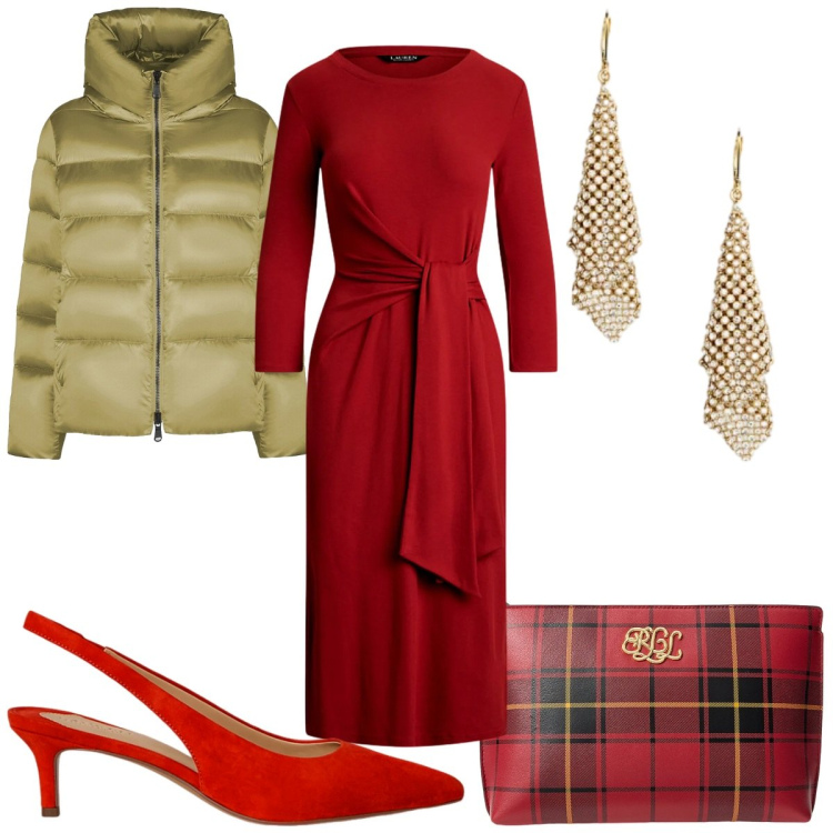 Outfit donna - Festive Harmony: Natale. Stile Glamour per Cerimonia. Abbinamento con pochette, décolleté, vestiti, orecchini, piumini.