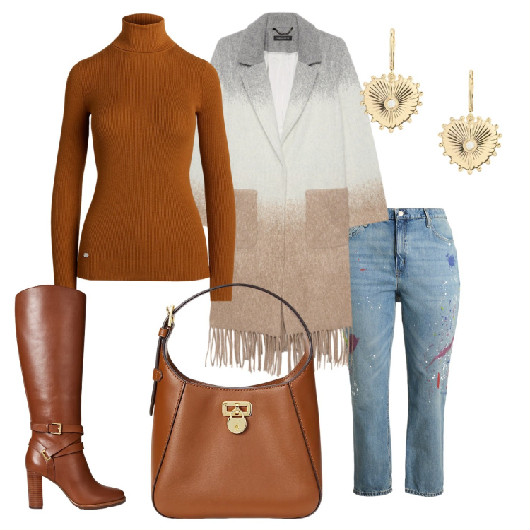 Outfit donna - Total look #2304848. Stile Chic per Serata fuori. Abbinamento con borse a tracolla, jeans boyfriend, stivali, maglieria, orecchini, cappotti.